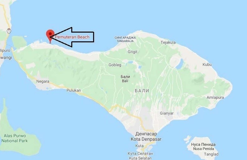 Расположение пляжа Пемутеран на карте Бали